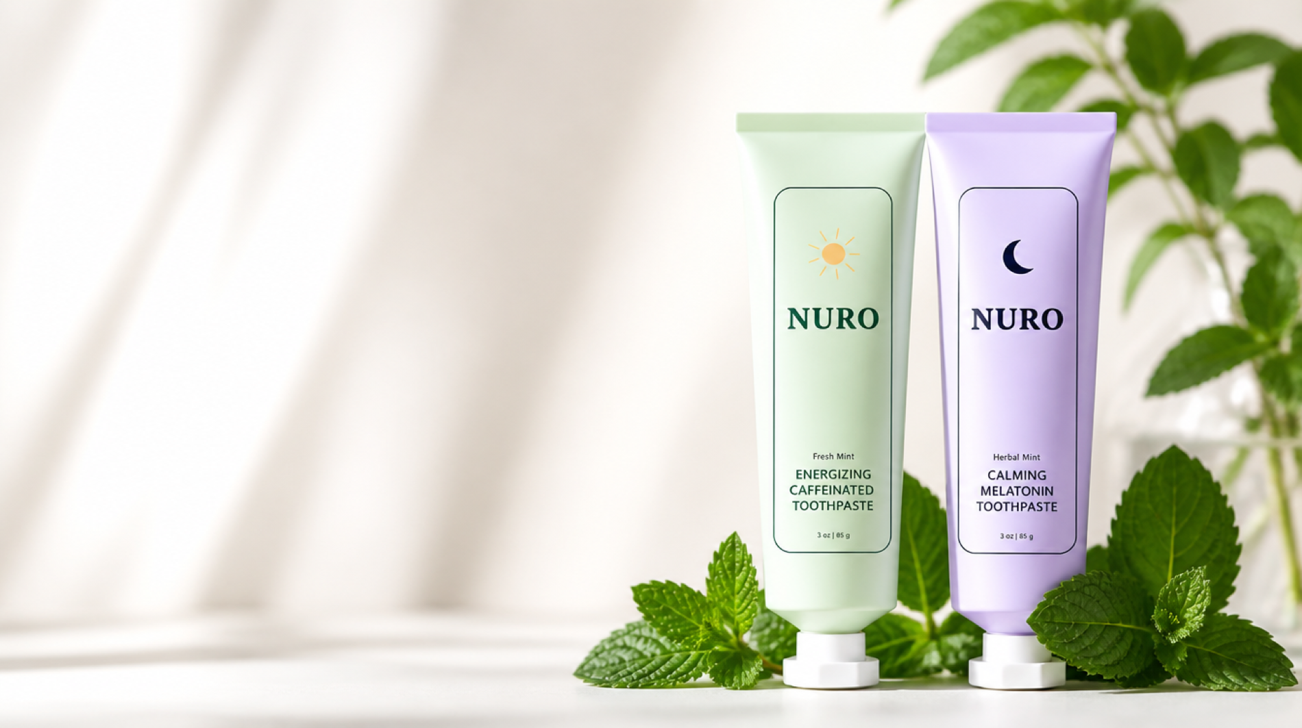 NURO AM and PM toothpaste tubes with fresh mint